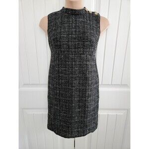 Donna Karan NY Sparkle Tweed Mock Neck Shift Dress Sz 12 Black Goldtone Buttons